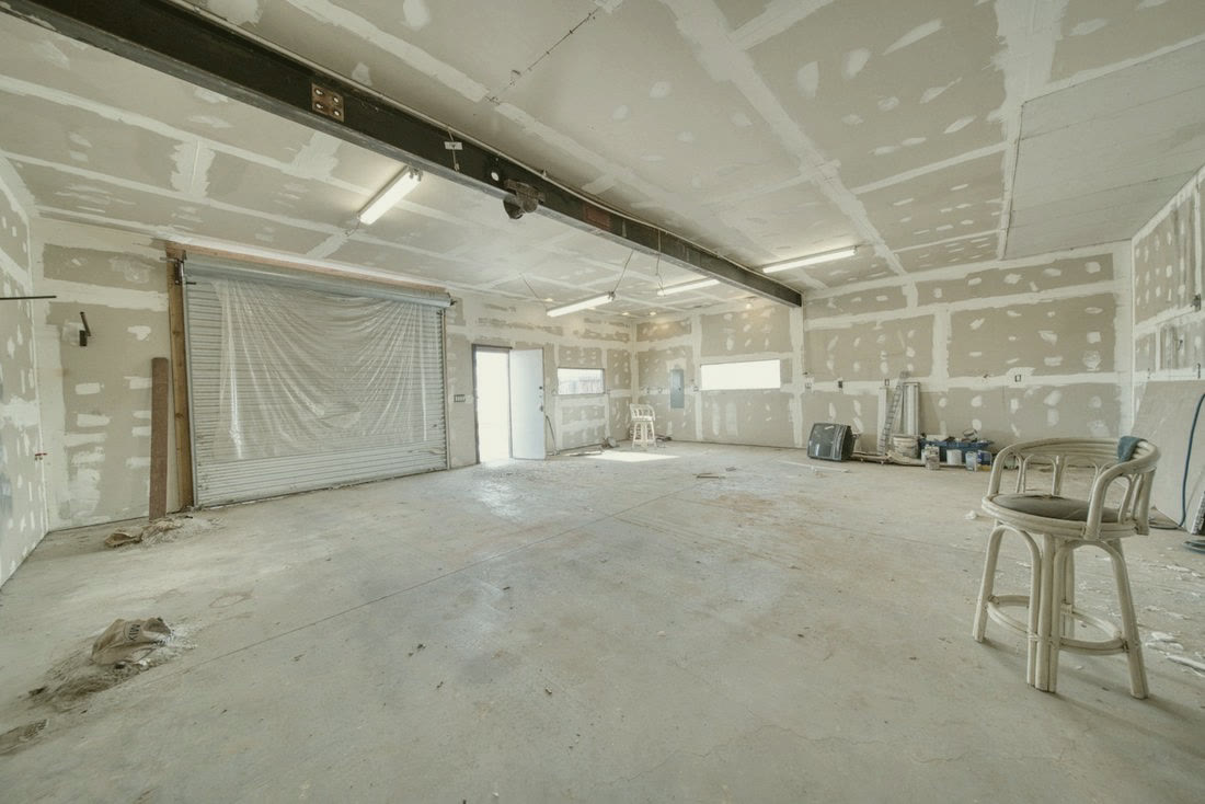 A boarded and taped interior awaiting finishing