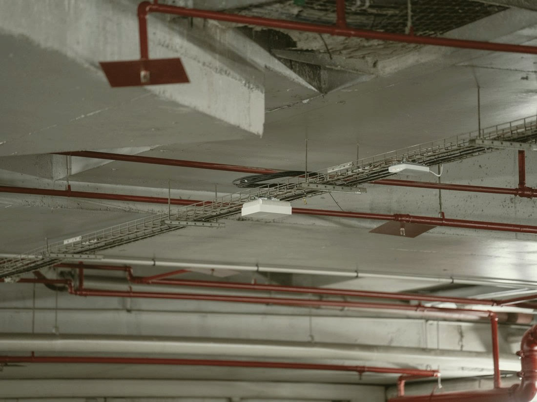 Red sprinkler pipes and cable trays under a concrete soffit